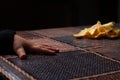 Orange on the table.Child holding a fruit Royalty Free Stock Photo