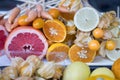 orange on table for making bouquet. fruit arrangement