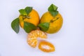 Orange Tangerine Green Citrus Fruit with leaves isolated white background Royalty Free Stock Photo