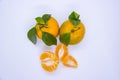 Orange Tangerine Green Citrus Fruit with leaves isolated white background