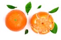 Orange or tangerine with leaves isolated on white background. Flat lay, top view. Fruit composition