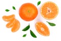 Orange or tangerine with leaves isolated on white background. Flat lay, top view. Fruit composition Royalty Free Stock Photo