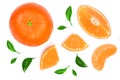 Orange or tangerine with leaves isolated on white background. Flat lay, top view. Fruit composition Royalty Free Stock Photo