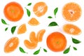 Orange or tangerine with leaves isolated on white background. Flat lay, top view. Fruit composition Royalty Free Stock Photo