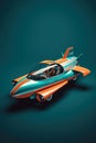 An orange and teal colored jet car on a green background. Generative AI image. Royalty Free Stock Photo