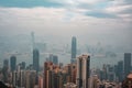 Orange and teal view of Hong Kong skyline from Victoria`s peak