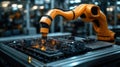 Orange tech arm expertly handles intricate circuit board. Precise movements show automation power in modern tech factory.
