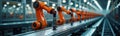 Orange tech robots work on assembly line in modern factory. Automated equipment performs precise tasks. Components move along