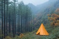 Orange Tipi Tent in Misty Autumn Forest Royalty Free Stock Photo
