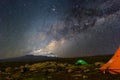 Orange tents illuminated before Mount Kilimanjaro and bright Milky Way