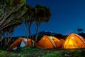Orange tents illuminated before Mount Kilimanjaro during night