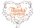 Orange Thanksgiving word in heart frame with leaves. Hand drawn Calligraphy lettering Vector illustration EPS10