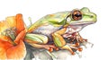 Orange-thighed tree frog in style of watercolor pencils on white paper, AI generative