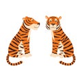 Orange tiger sitting. Colorful frendly tiger. Side and front view.