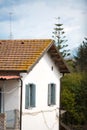 Orange tile antic roof with trees, clouds and blue sky in the background