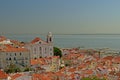 Tiled roofs of traditional houses, Graca church and Tagus river in the city of Lisbon, Portugal