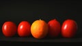 Orange and tomatoes in a row on a black background Royalty Free Stock Photo