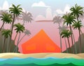 Orange tourist tent. Broken camp. Recreation in the wild. Beach sand near surf. Tropical forest with palm trees. Cartoon