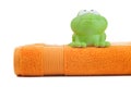 Orange towel and toy frog Royalty Free Stock Photo