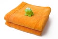 Orange towels and toy frog Royalty Free Stock Photo
