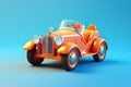 An orange toy car on a blue background. Generative AI image. Royalty Free Stock Photo