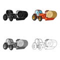 Orange tractor with a ladle transporting hay bale. Agricultural vehicles.Agricultural Machinery single icon in cartoon