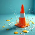 Orange traffic cone splashes water and yellow liquid puddles on a blue surface. Abstract concept of hazard or caution in a Royalty Free Stock Photo