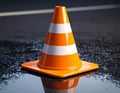Orange Traffic Cone on Wet Asphalt Road Royalty Free Stock Photo