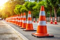 Orange Traffic Cones Lined Up on Roadside Parking Royalty Free Stock Photo