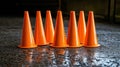 Orange Traffic Cones on Wet Pavement Royalty Free Stock Photo