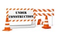 Orange traffic warning cones or pylons with street barrier and under construction sign on white background - under construction, Royalty Free Stock Photo