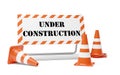 Orange traffic warning cones or pylons with street barrier under construction sign on white background - under construction, Royalty Free Stock Photo