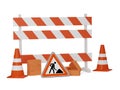 Orange traffic warning cones or pylons with street or road construction sign, road barrier and stone bricks on white background - Royalty Free Stock Photo