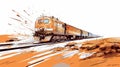 Dynamic Sketch Of An Orange Train On Tracks: Desertwave Style