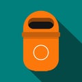 Orange trash can icon, flat style