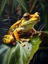 An orange tree frog sits on a large green leaf in the jungle,