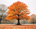 an orange tree in the middle of a park with leaves on the ground Royalty Free Stock Photo