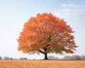 an orange tree stands alone in a field