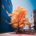 an orange tree stands in front of a blue building
