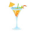 Orange tropical cocktail in a martini glass with ice, straw, umbrella, and garnish. Citrus drink for summer parties and Royalty Free Stock Photo