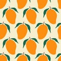 Orange tropical mango hand drawn vector illustration. Thailand fruit in flat style seamless pattern. Royalty Free Stock Photo