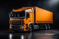 Orange truck with a container on a dark background. Mock-up for design