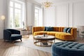 Orange tufted sofa and dark blue armchair and pouf. Interior design of modern living room. Created with generative AI Royalty Free Stock Photo