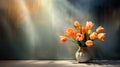 Orange Tulips in vase on background with empty place. Spring bouquet with wall and window shadow copy space Ai, AI Generated Royalty Free Stock Photo