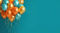 Orange and turquoise festive ballons on a turquoise background. Banner, copy space.