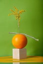 Orange with twigs on cube against green background