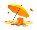 Orange umbrella and rubber boots on puddle after rain with autumn leaves. Vector flat illustrations