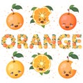 Cute smiling orange cartoon characters and lettering made from oranges and leaves