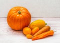 Orange vegetables - pumpkin, peppers, carrots and tomatoes. Orange vegetables are a source of carotene and vitamin A