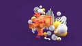 An orange video camera surrounded by colorful balls on a purple background Royalty Free Stock Photo